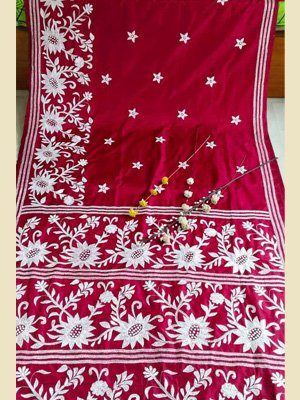 Blended Bangalore Silk Kantha Stitch Saree