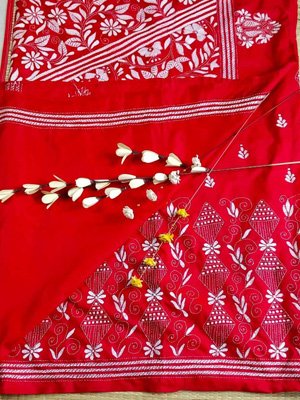 Blended Bangalore Silk Kantha Stitch Saree